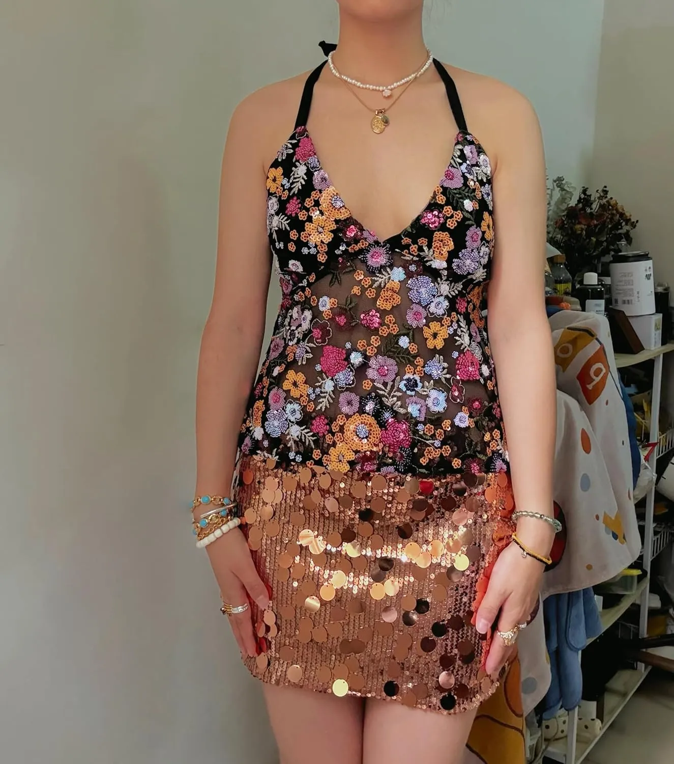 Women Y2k Sequin Halter Top Sheer Mesh Embroidered Beaded Cami Top Sleeveless Backless Sparkly Crop Tops
