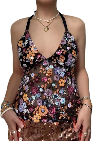 Women Y2k Sequin Halter Top Sheer Mesh Embroidered Beaded Cami Top Sleeveless Backless Sparkly Crop Tops