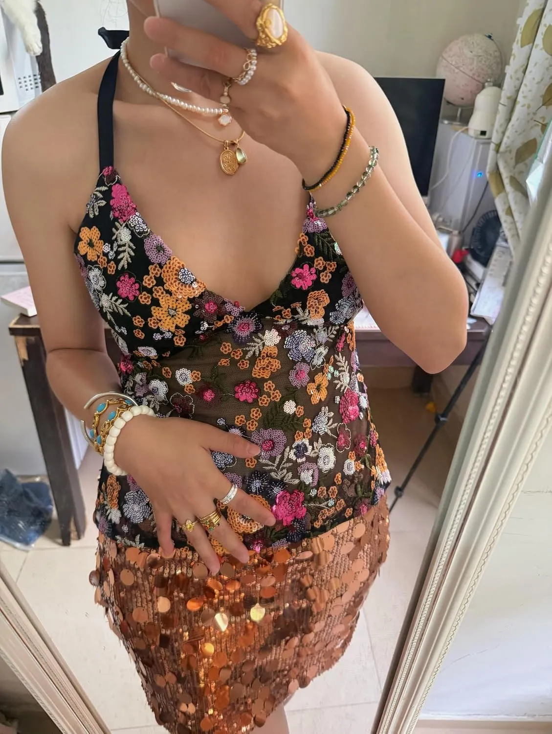 Women Y2k Sequin Halter Top Sheer Mesh Embroidered Beaded Cami Top Sleeveless Backless Sparkly Crop Tops