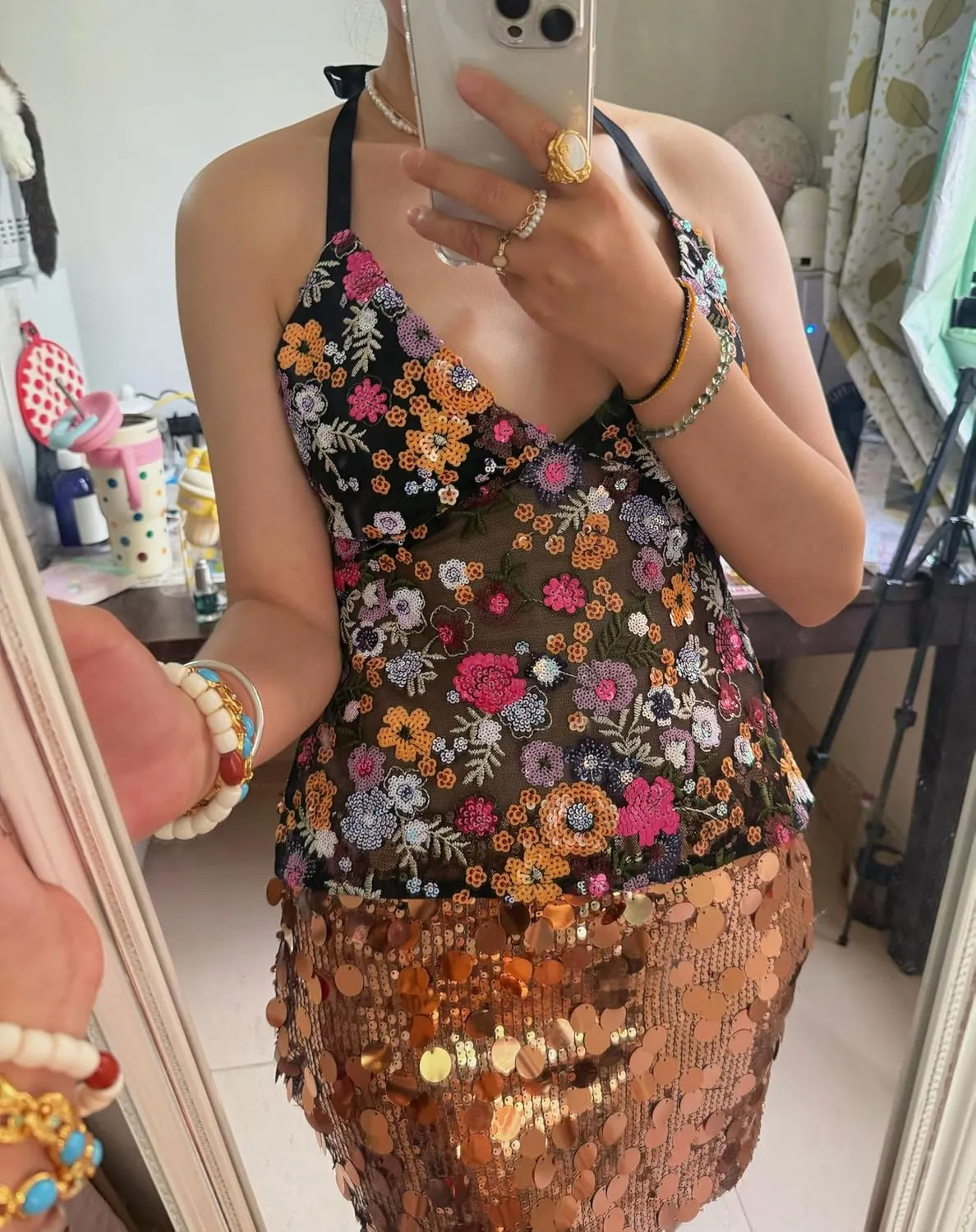 Women Y2k Sequin Halter Top Sheer Mesh Embroidered Beaded Cami Top Sleeveless Backless Sparkly Crop Tops