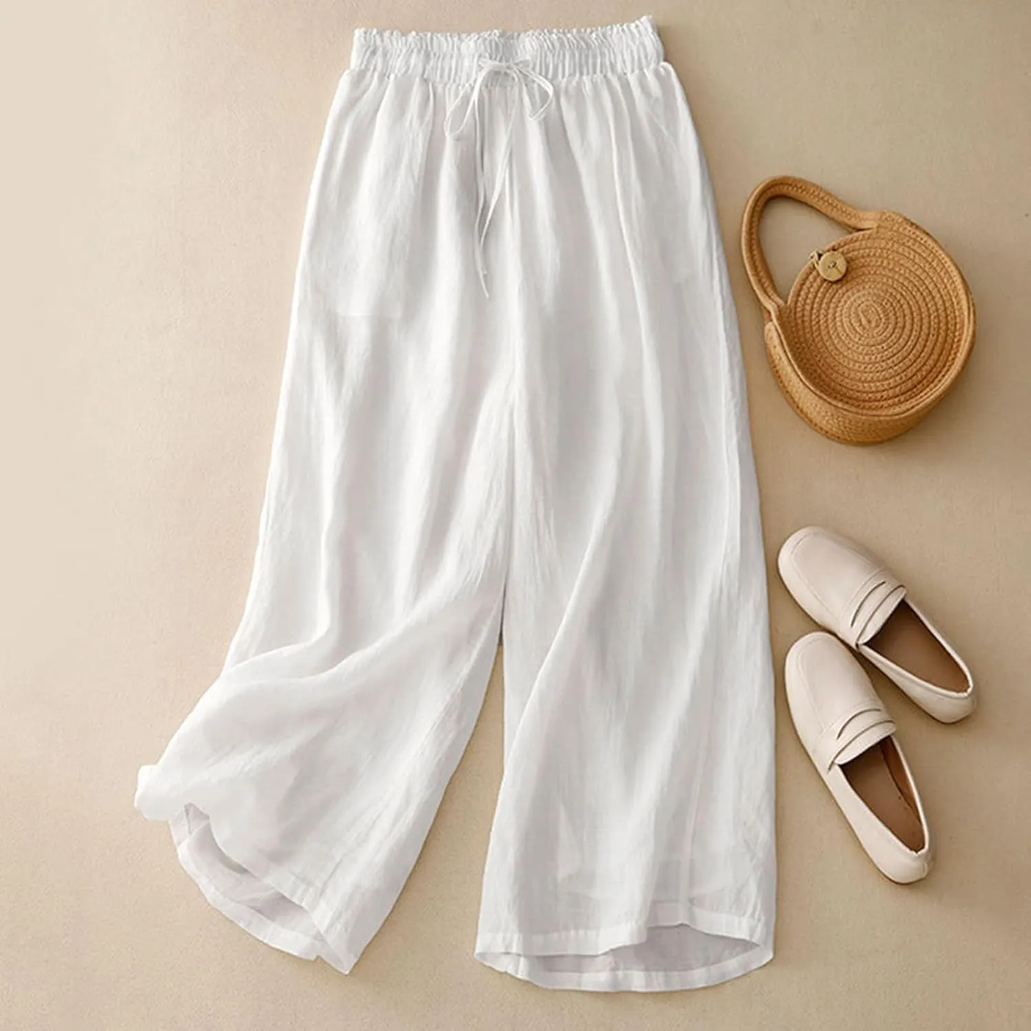 Women's Culottes Linen Cropped Pants with Pockets Wide Leg Pants Elastic Waist Casual Palazzo Trousers 2025 Fashion