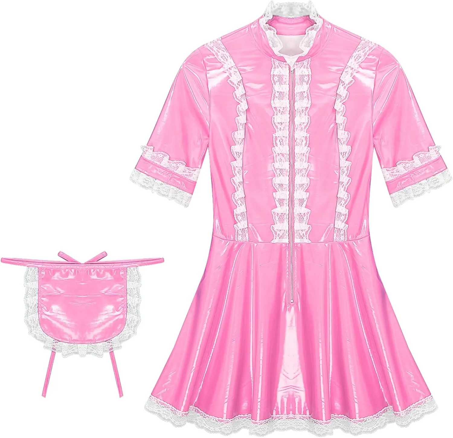 Women's PVC Leather Short Sleeve Fancy Maid Servant Dress Lace Trim Latex Dress with Apron