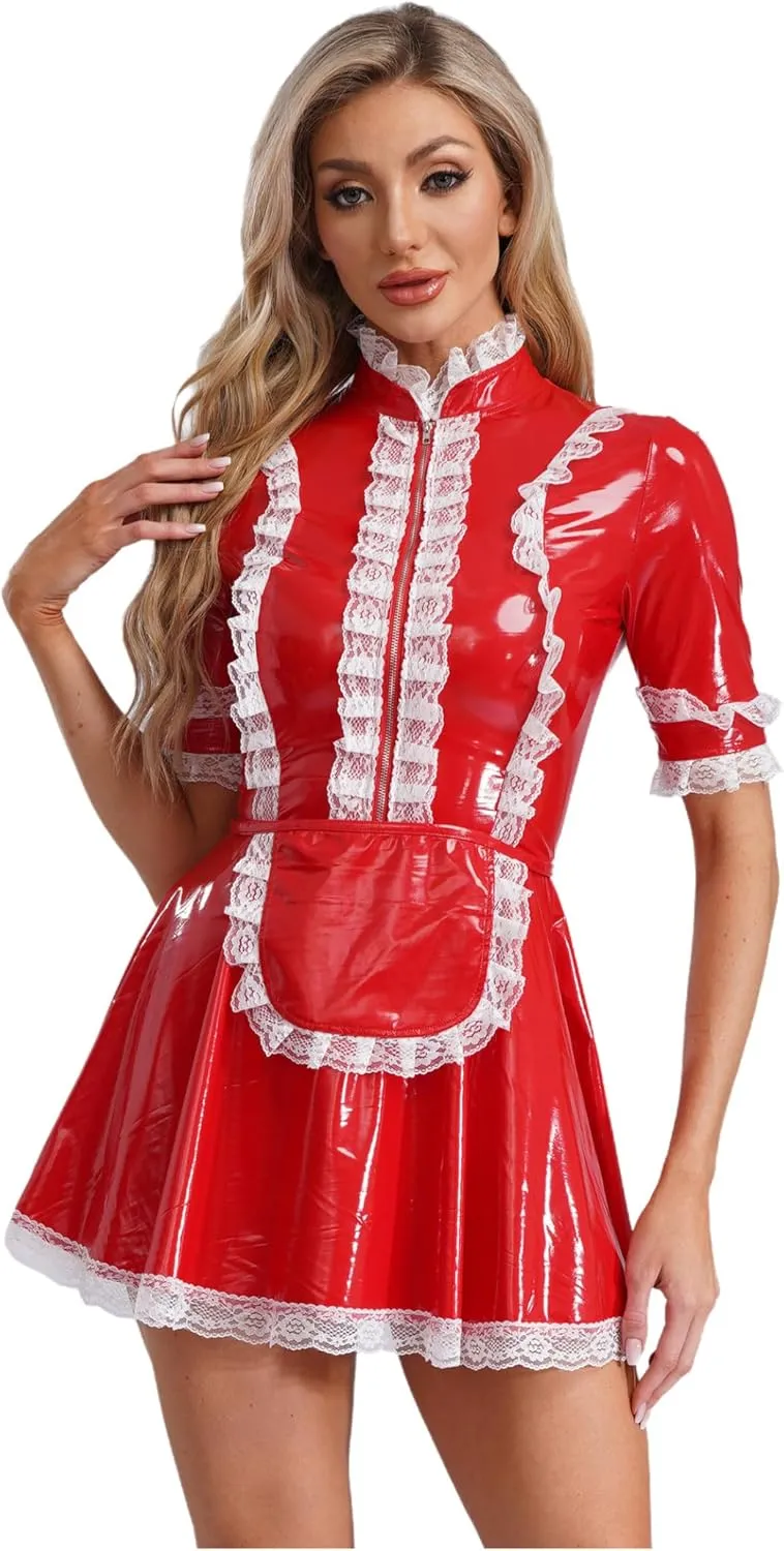 Women's PVC Leather Short Sleeve Fancy Maid Servant Dress Lace Trim Latex Dress with Apron