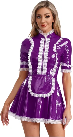 Women's PVC Leather Short Sleeve Fancy Maid Servant Dress Lace Trim Latex Dress with Apron