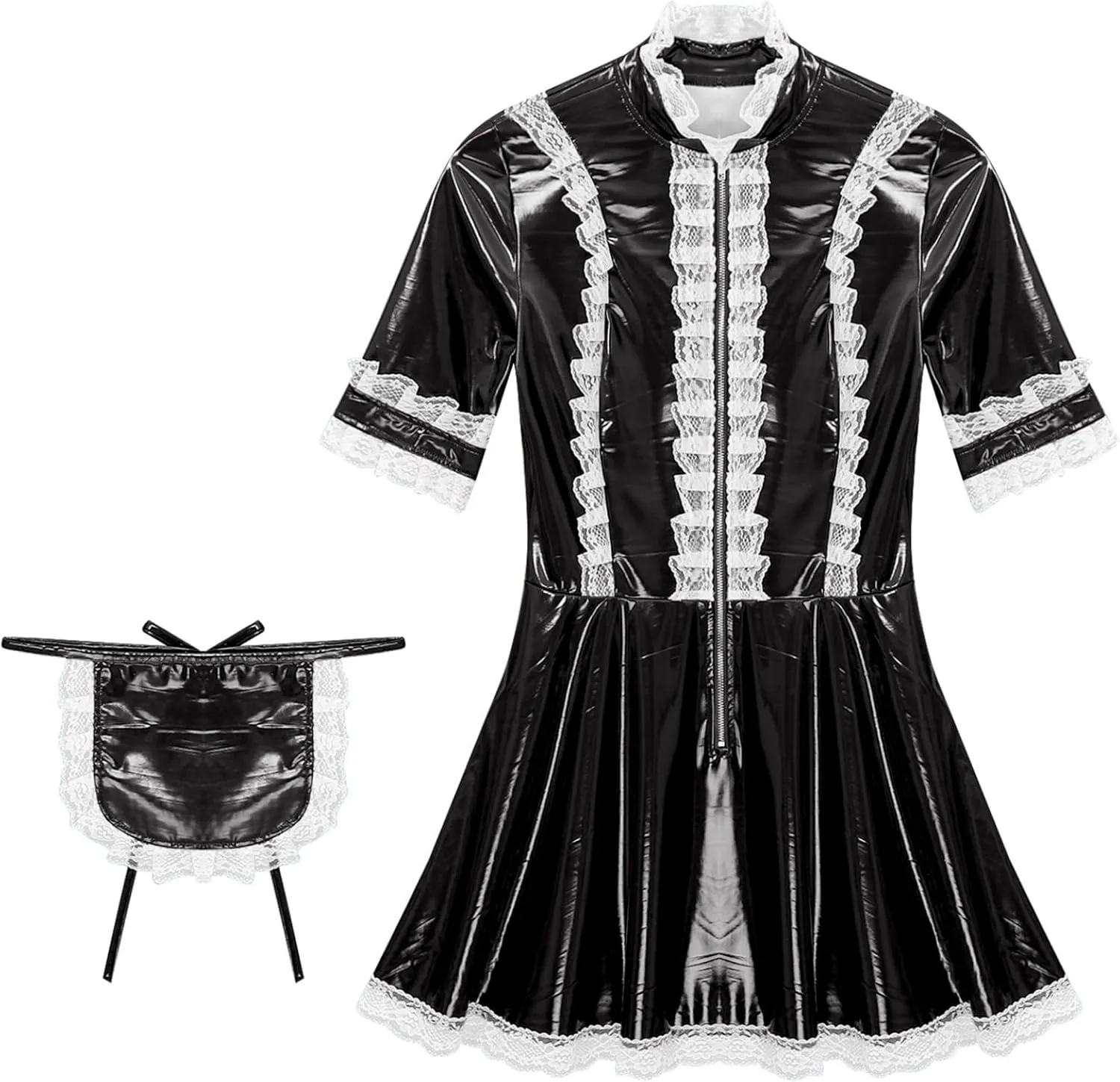 Women's PVC Leather Short Sleeve Fancy Maid Servant Dress Lace Trim Latex Dress with Apron