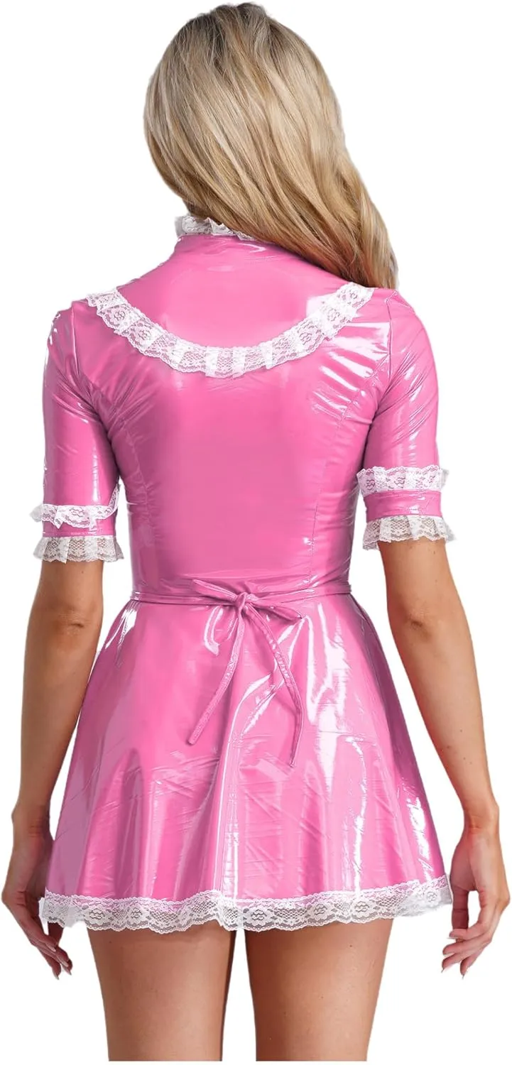Women's PVC Leather Short Sleeve Fancy Maid Servant Dress Lace Trim Latex Dress with Apron