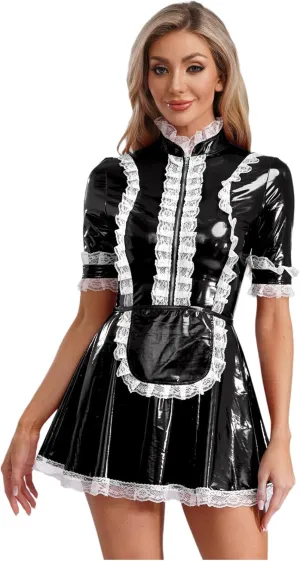 Women's PVC Leather Short Sleeve Fancy Maid Servant Dress Lace Trim Latex Dress with Apron