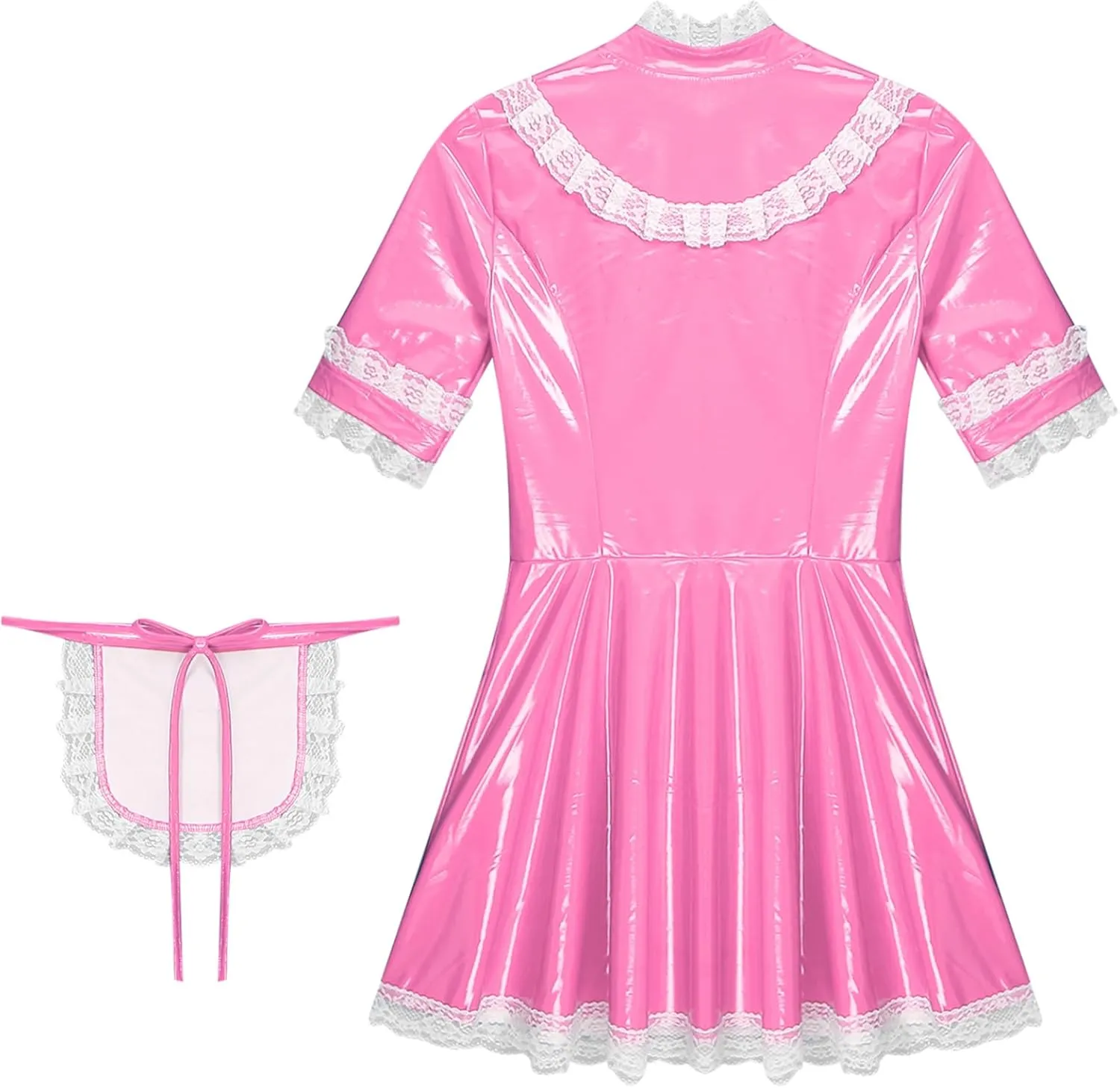 Women's PVC Leather Short Sleeve Fancy Maid Servant Dress Lace Trim Latex Dress with Apron