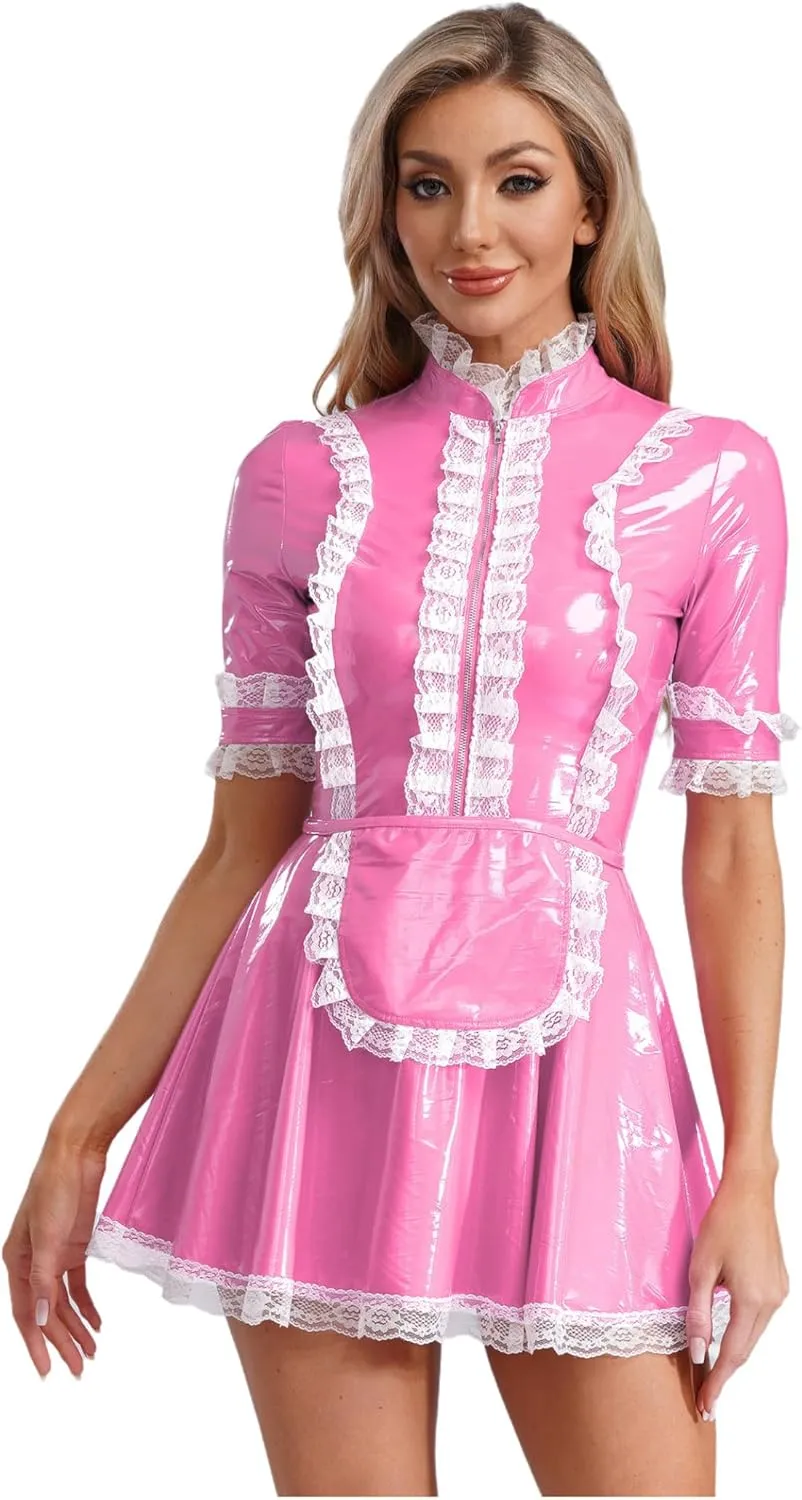 Women's PVC Leather Short Sleeve Fancy Maid Servant Dress Lace Trim Latex Dress with Apron