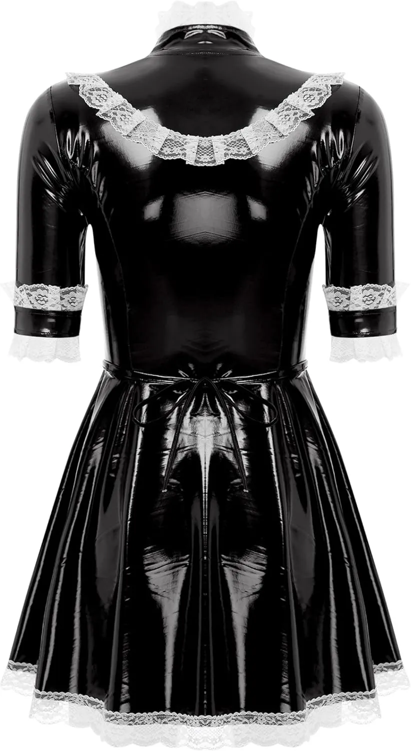 Women's PVC Leather Short Sleeve Fancy Maid Servant Dress Lace Trim Latex Dress with Apron