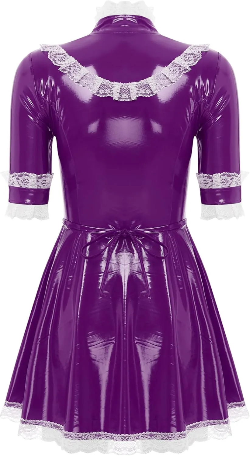 Women's PVC Leather Short Sleeve Fancy Maid Servant Dress Lace Trim Latex Dress with Apron