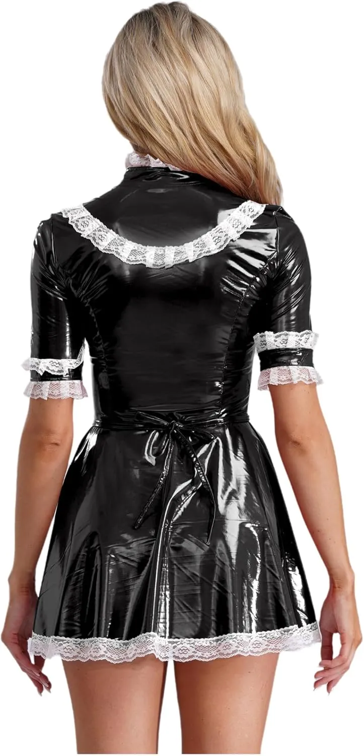 Women's PVC Leather Short Sleeve Fancy Maid Servant Dress Lace Trim Latex Dress with Apron