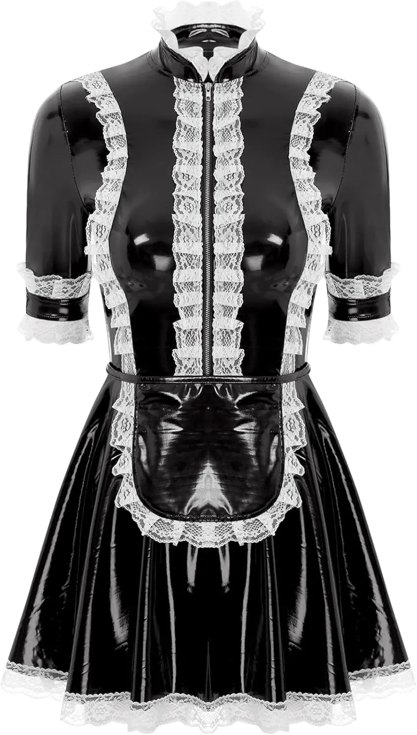 Women's PVC Leather Short Sleeve Fancy Maid Servant Dress Lace Trim Latex Dress with Apron