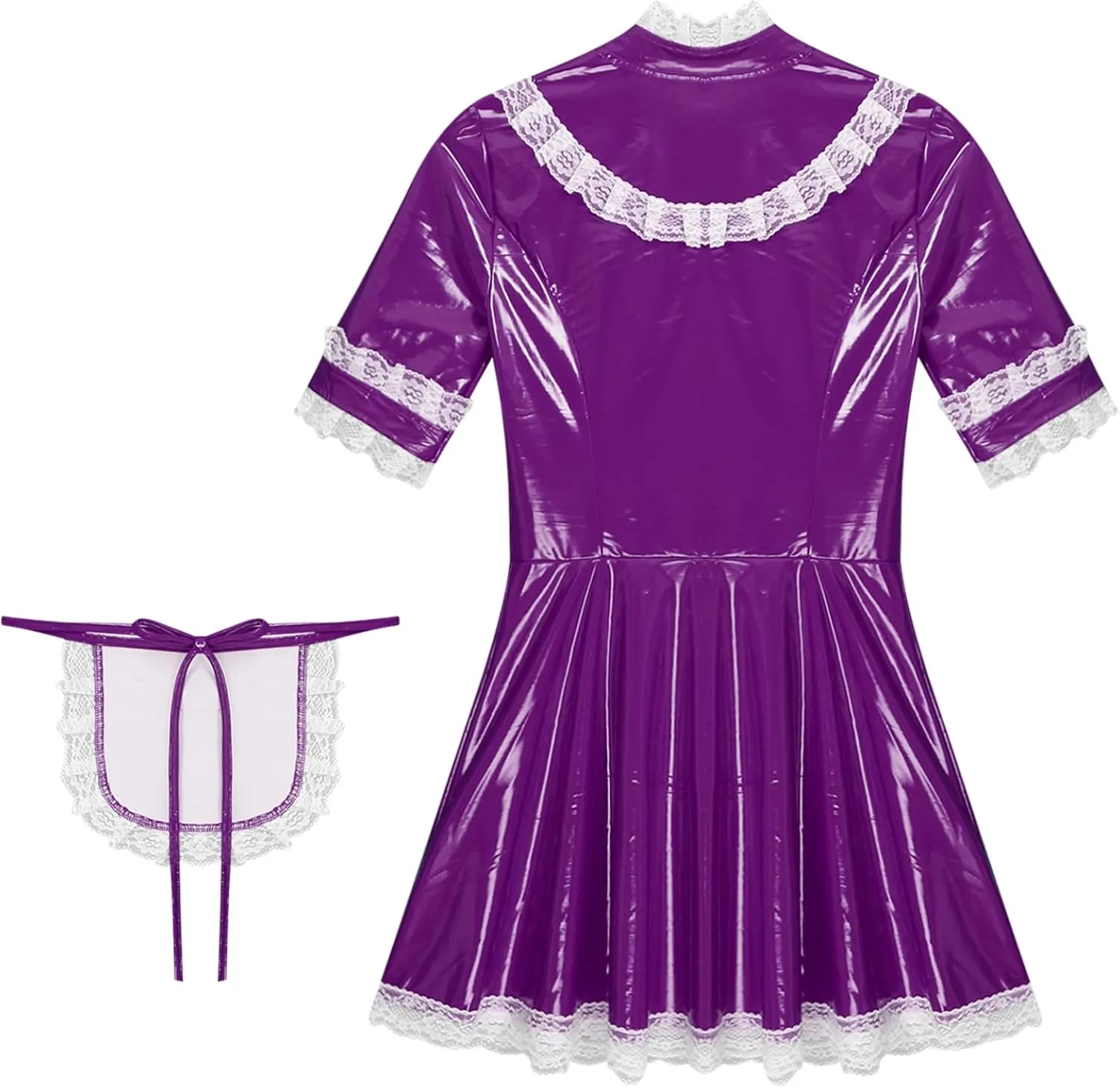 Women's PVC Leather Short Sleeve Fancy Maid Servant Dress Lace Trim Latex Dress with Apron
