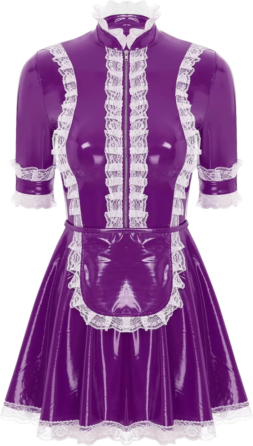Women's PVC Leather Short Sleeve Fancy Maid Servant Dress Lace Trim Latex Dress with Apron