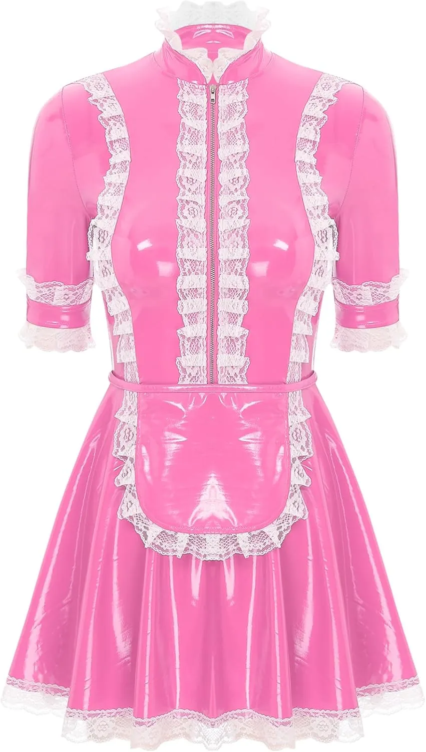 Women's PVC Leather Short Sleeve Fancy Maid Servant Dress Lace Trim Latex Dress with Apron