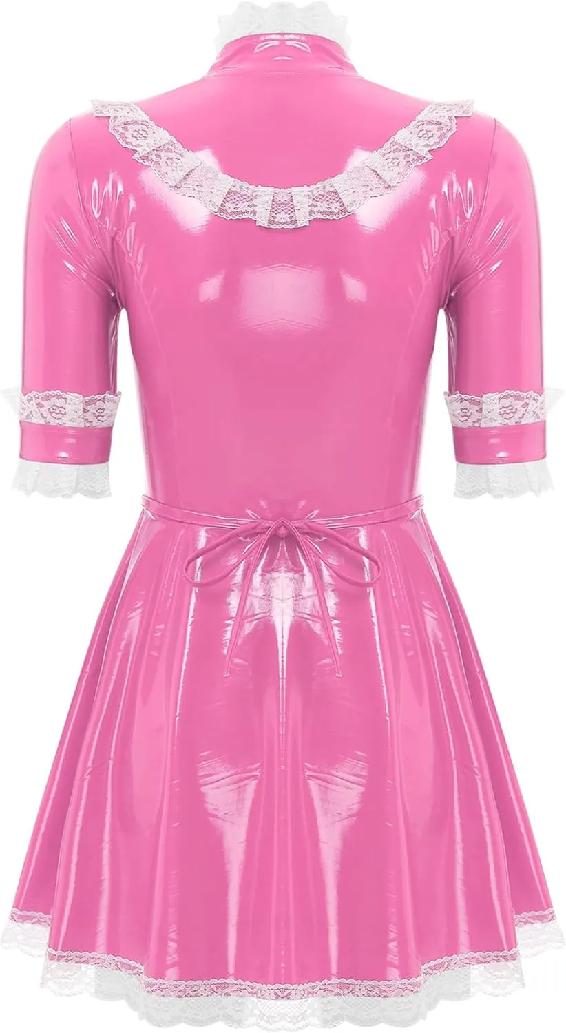 Women's PVC Leather Short Sleeve Fancy Maid Servant Dress Lace Trim Latex Dress with Apron