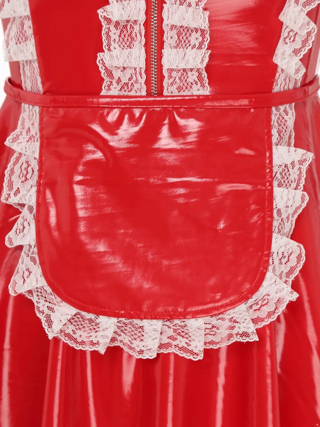 Women's PVC Leather Short Sleeve Fancy Maid Servant Dress Lace Trim Latex Dress with Apron