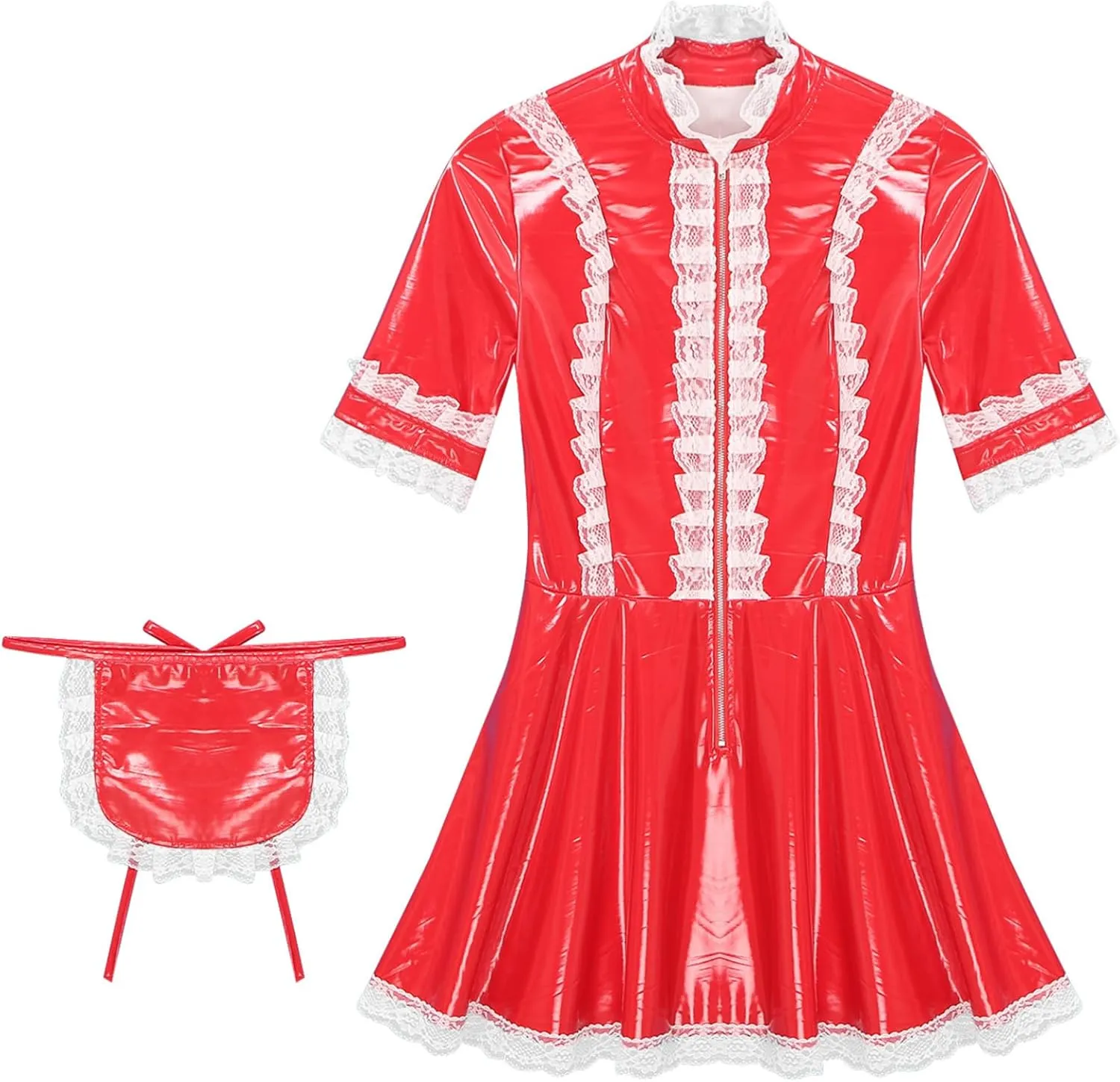 Women's PVC Leather Short Sleeve Fancy Maid Servant Dress Lace Trim Latex Dress with Apron