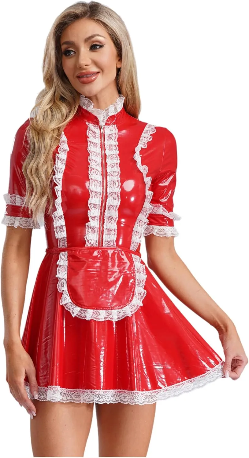 Women's PVC Leather Short Sleeve Fancy Maid Servant Dress Lace Trim Latex Dress with Apron