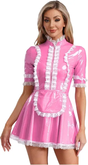 Women's PVC Leather Short Sleeve Fancy Maid Servant Dress Lace Trim Latex Dress with Apron