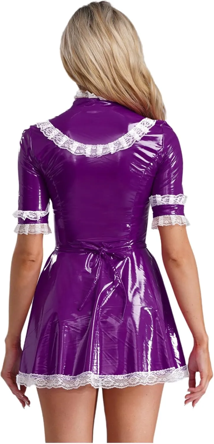 Women's PVC Leather Short Sleeve Fancy Maid Servant Dress Lace Trim Latex Dress with Apron