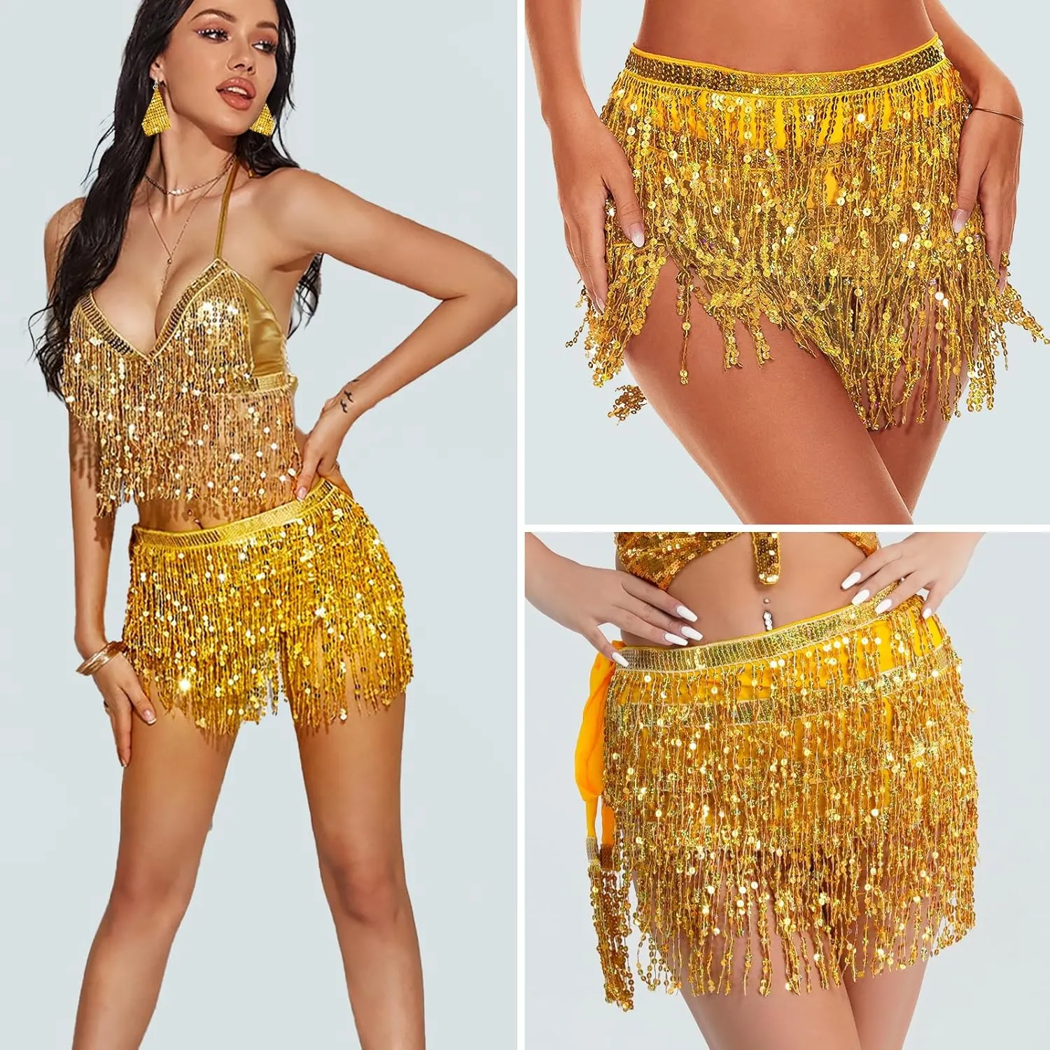 Women's Sequin Fringe Skirt Sparkle Tassel Skirts Belly Dance Hip Scarf for Girls Halloween Party Rave Costume