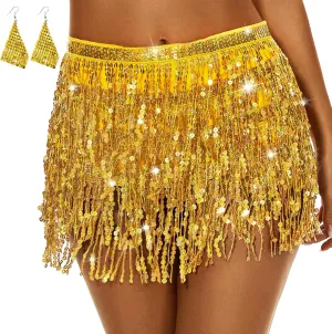 Women's Sequin Fringe Skirt Sparkle Tassel Skirts Belly Dance Hip Scarf for Girls Halloween Party Rave Costume
