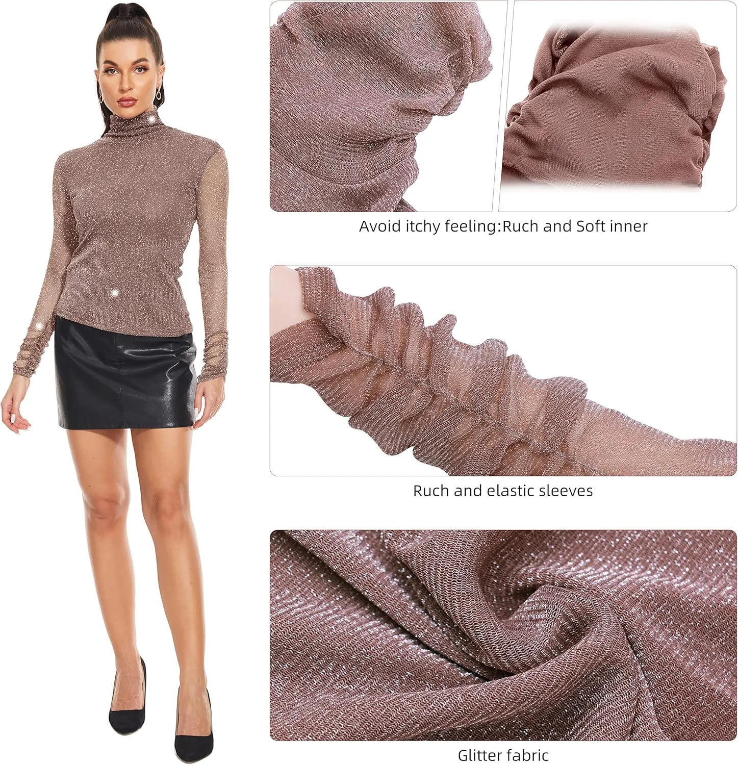 Women's Turtleneck Top Long Sleeve Slim Fit Shirts Mesh Sheer See Through Casual Top