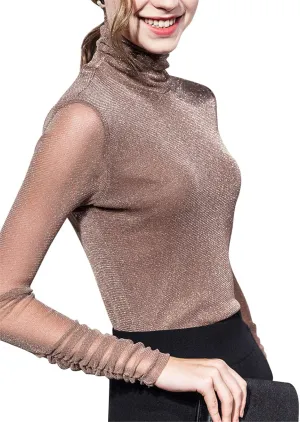 Women's Turtleneck Top Long Sleeve Slim Fit Shirts Mesh Sheer See Through Casual Top