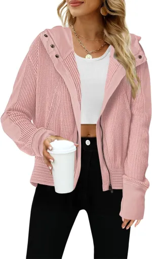 Yanekop Womens Waffle Knit Jackets Zip Up Hoodie Jacket Long Sleeve Cropped Hoodie Fall Outfits Casual Winter Clothes